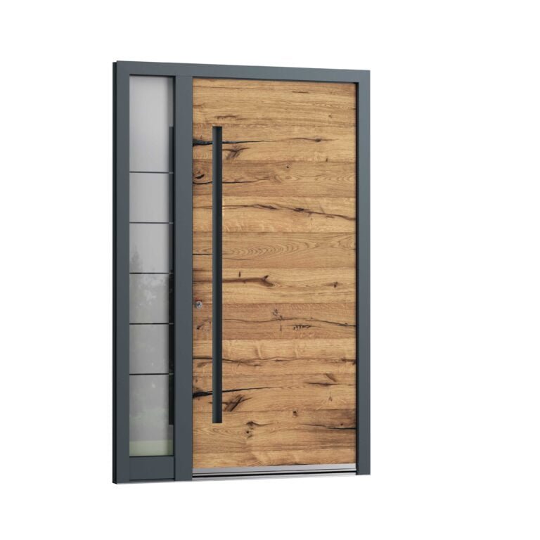 Holztür mit kleinen transparenten Ausschnitten wo sich Fenster befinden und schwarzer Umrandung